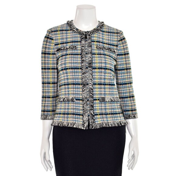 St. John Collection Plaid Jacket Blazer in White/Turquoise/Khaki Multi sz 6
